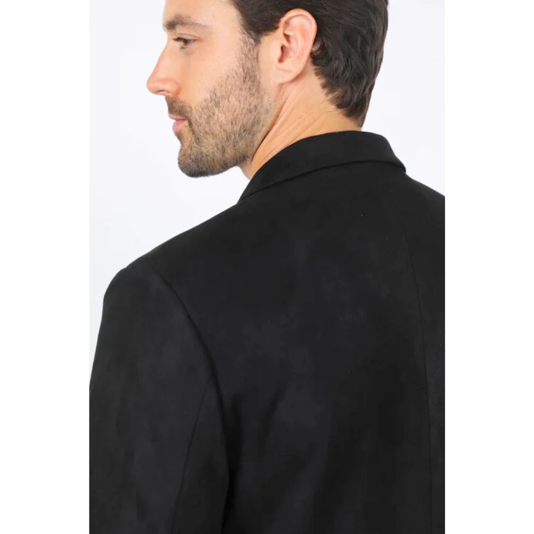 Men’s Platini Black Faux Suede Double Button Blazer - Image 5