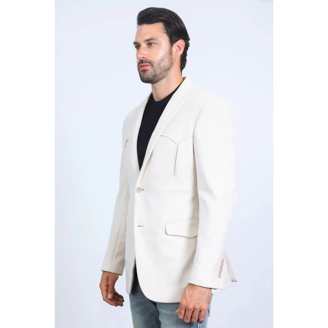 Men’s Platini Double-Button Faux Suede Blazer in Off White - Image 3