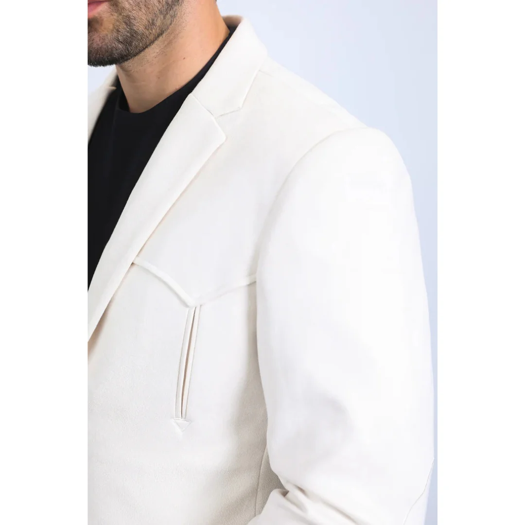 Men’s Platini Double-Button Faux Suede Blazer in Off White - Image 4