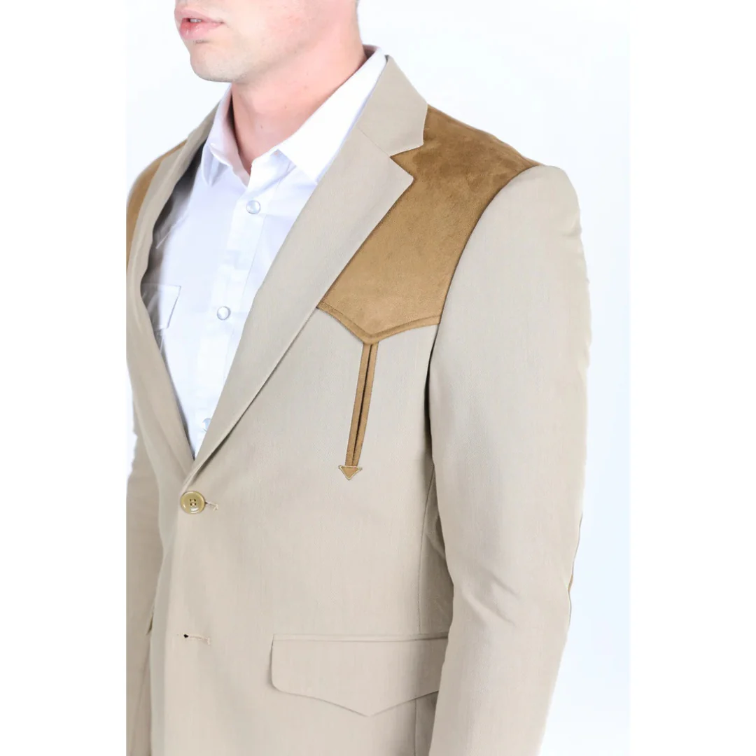 Men’s Platini Khaki Western Blazer with Suede Yokes and Elbow Patch Detail - Image 5