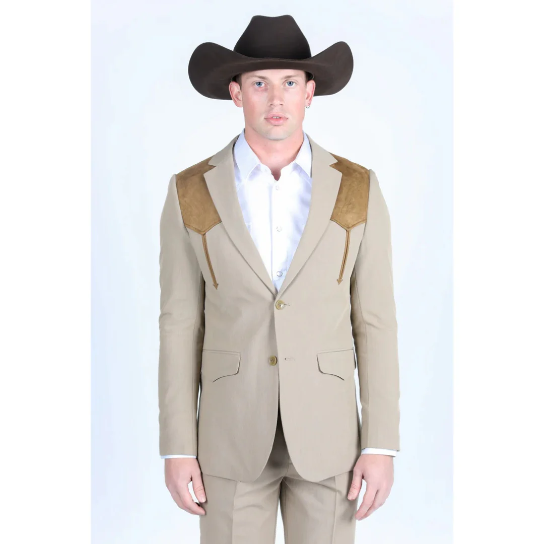 Men’s Platini Khaki Western Blazer with Suede Yokes and Elbow Patch Detail - Image 6