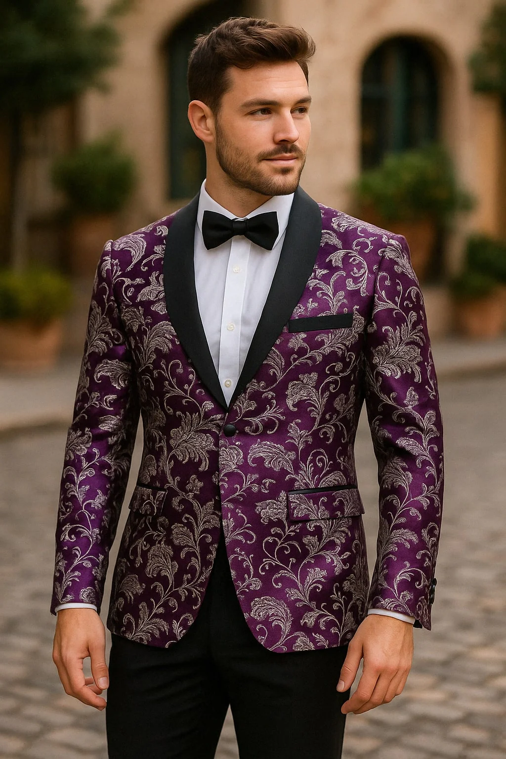 Mens Purple and White Paisley Floral Brocade Tuxedo Jacket - Suit with Satin Lapel Wtih Black Pants - Image 3