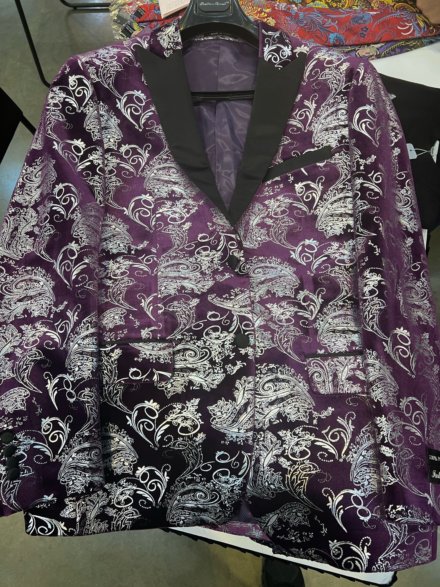 Mens Purple and White Paisley Floral Brocade Tuxedo Jacket - Suit with Satin Lapel Wtih Black Pants - Image 4