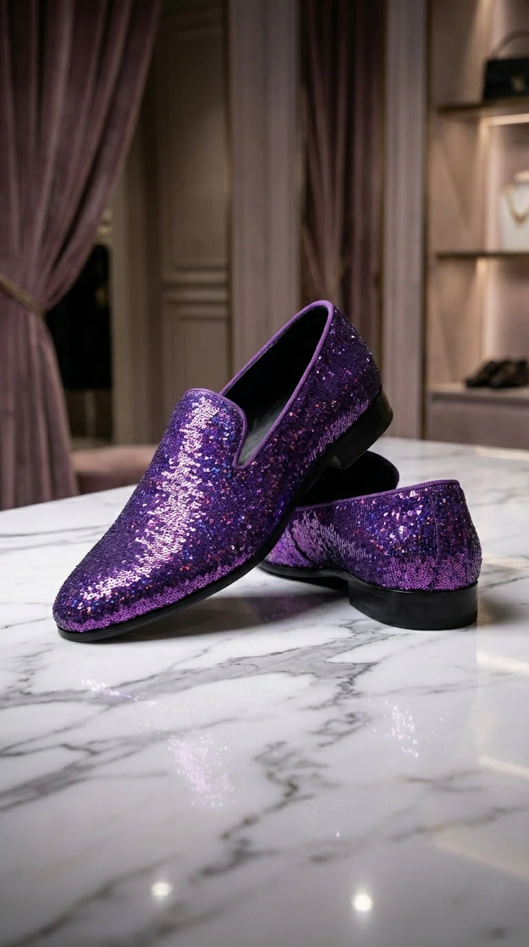 Mens Purple Sequin Dress Shoes Slip on  – Luxury Slip On Formal Loafers Wedding Prom Party Designer Footwear - Image 2