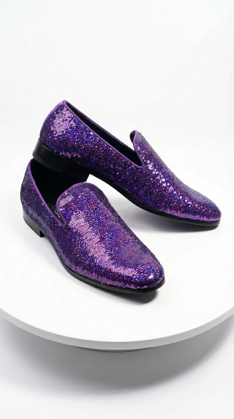 Mens Purple Sequin Dress Shoes Slip on  – Luxury Slip On Formal Loafers Wedding Prom Party Designer Footwear - Image 4