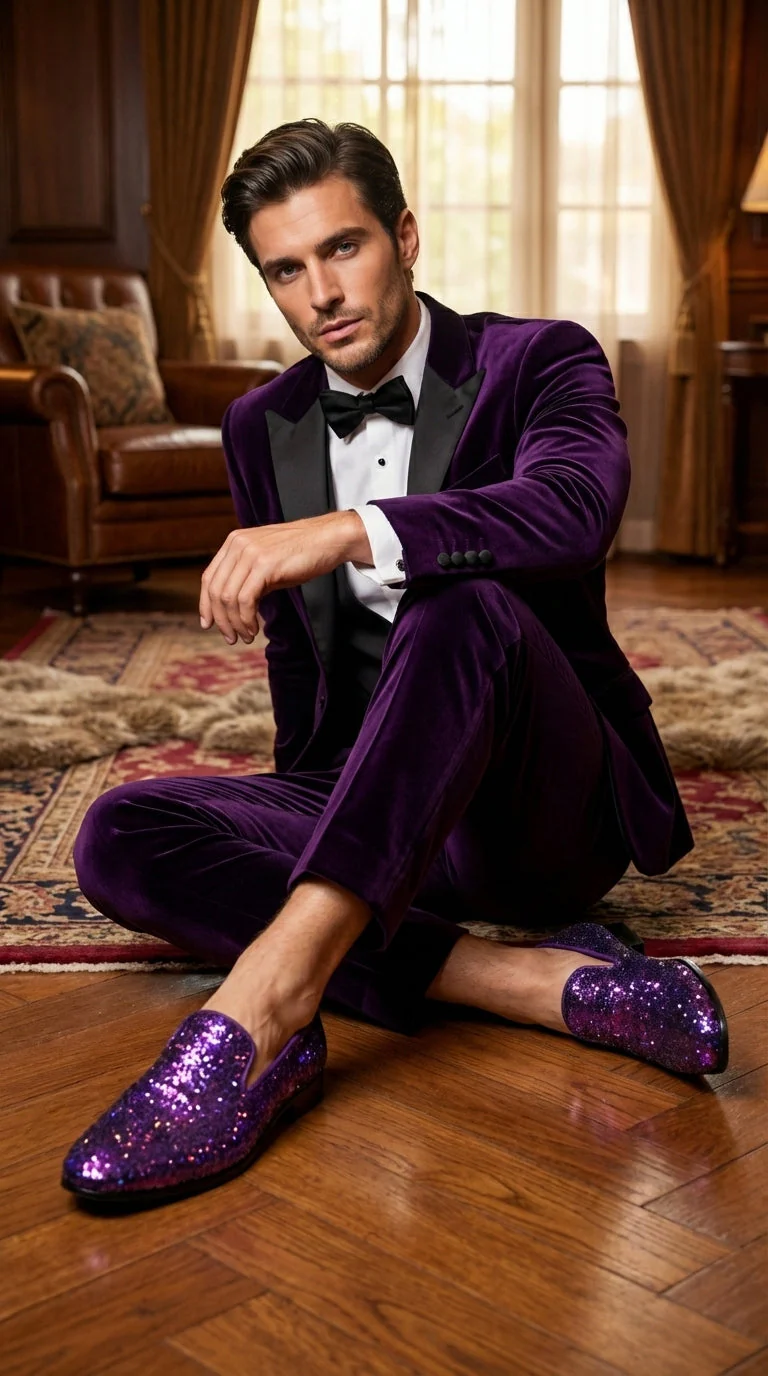 Mens Purple Sequin Dress Shoes Slip on  – Luxury Slip On Formal Loafers Wedding Prom Party Designer Footwear - Image 8