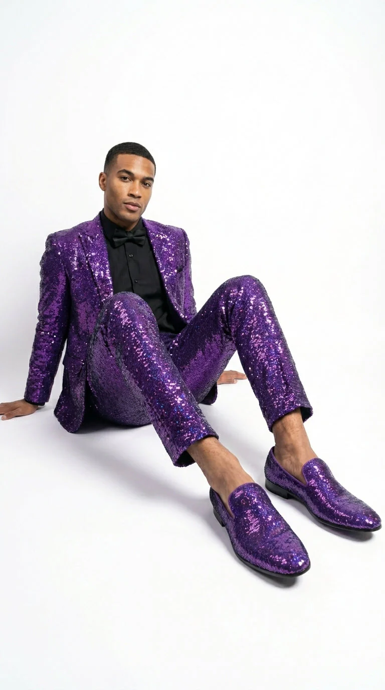 Mens Purple Sequin Dress Shoes Slip on  – Luxury Slip On Formal Loafers Wedding Prom Party Designer Footwear - Image 9