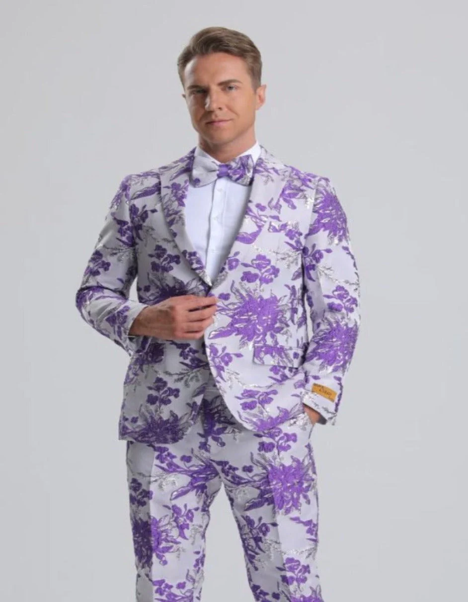 Men's Purple, White & Silver Floral Paisley Prom Tuxedo Lavender Prom Tuxedos