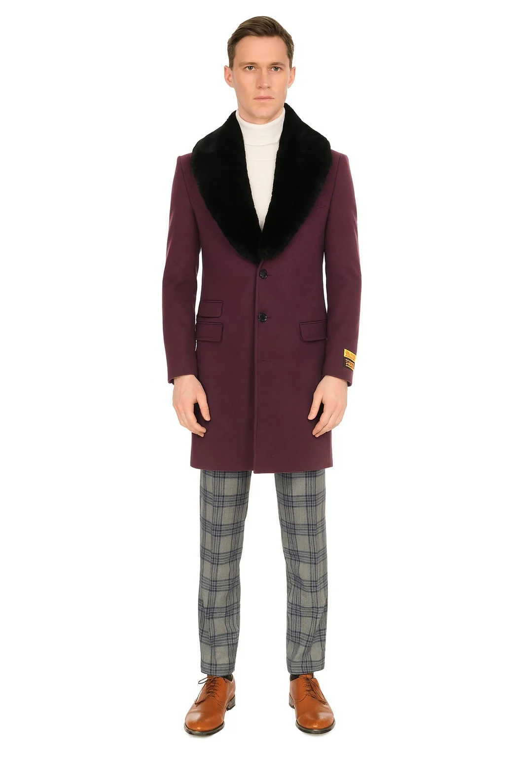 Mens Purple Pimp Coat - Overcoat with Black Faux Fur Collar – Luxury Winter Dress Coat for Formal and Casual Wear
