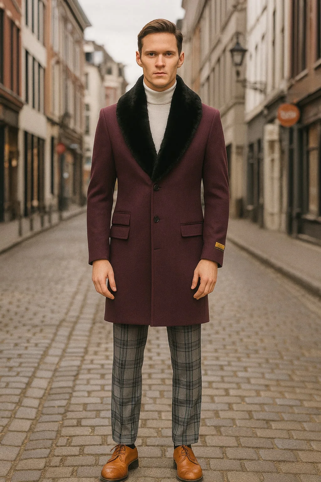 Mens Purple Pimp Coat - Overcoat with Black Faux Fur Collar – Luxury Winter Dress Coat for Formal and Casual Wear - Image 4