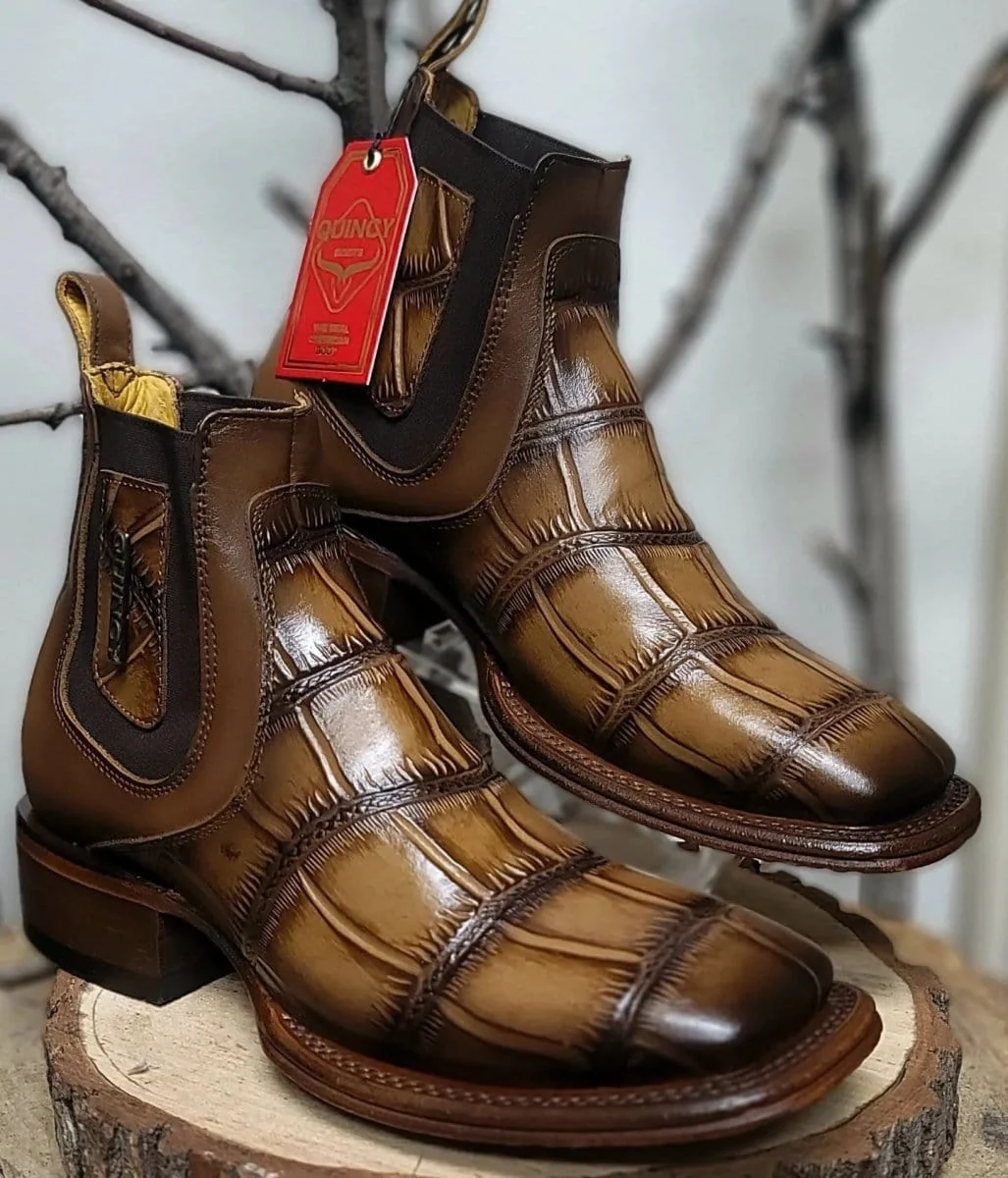 Men's Quincy Alligator Print Square Toe Ankle Boots - Tobacco - Image 6