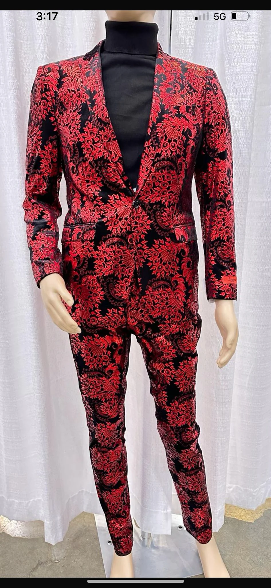 Mens Red and Black Floral Tuxedo Suit ƒ?? Slim Fit 2 Piece Embroidered Outfit for Weddings, Prom, and Formal Events - Image 3