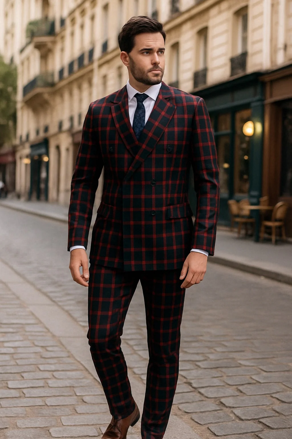 Mens Red and Black Plaid Double-Breasted Suit ƒ?? Slim Fit Checkered 2 Piece Formal Business Outfit - Image 2