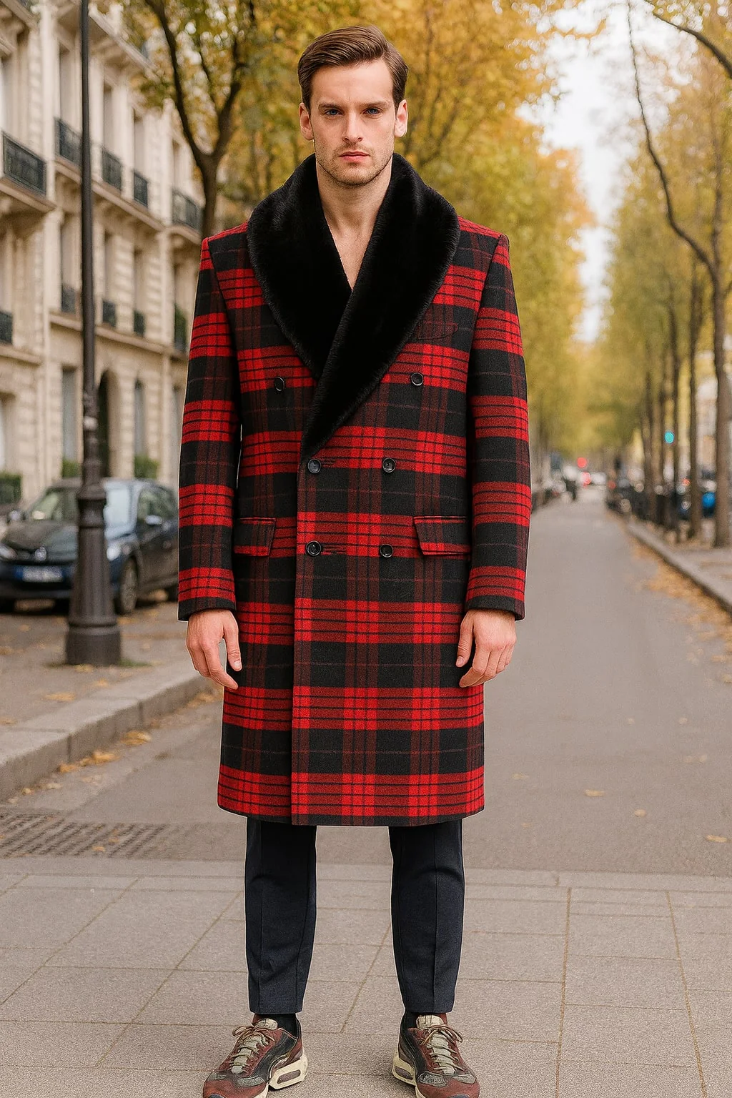 Mens Red and Black Plaid Wool Overcoat with Black Faux Fur Shawl Collar – Double-Breasted Winter Coat - Tartan Design - Image 4