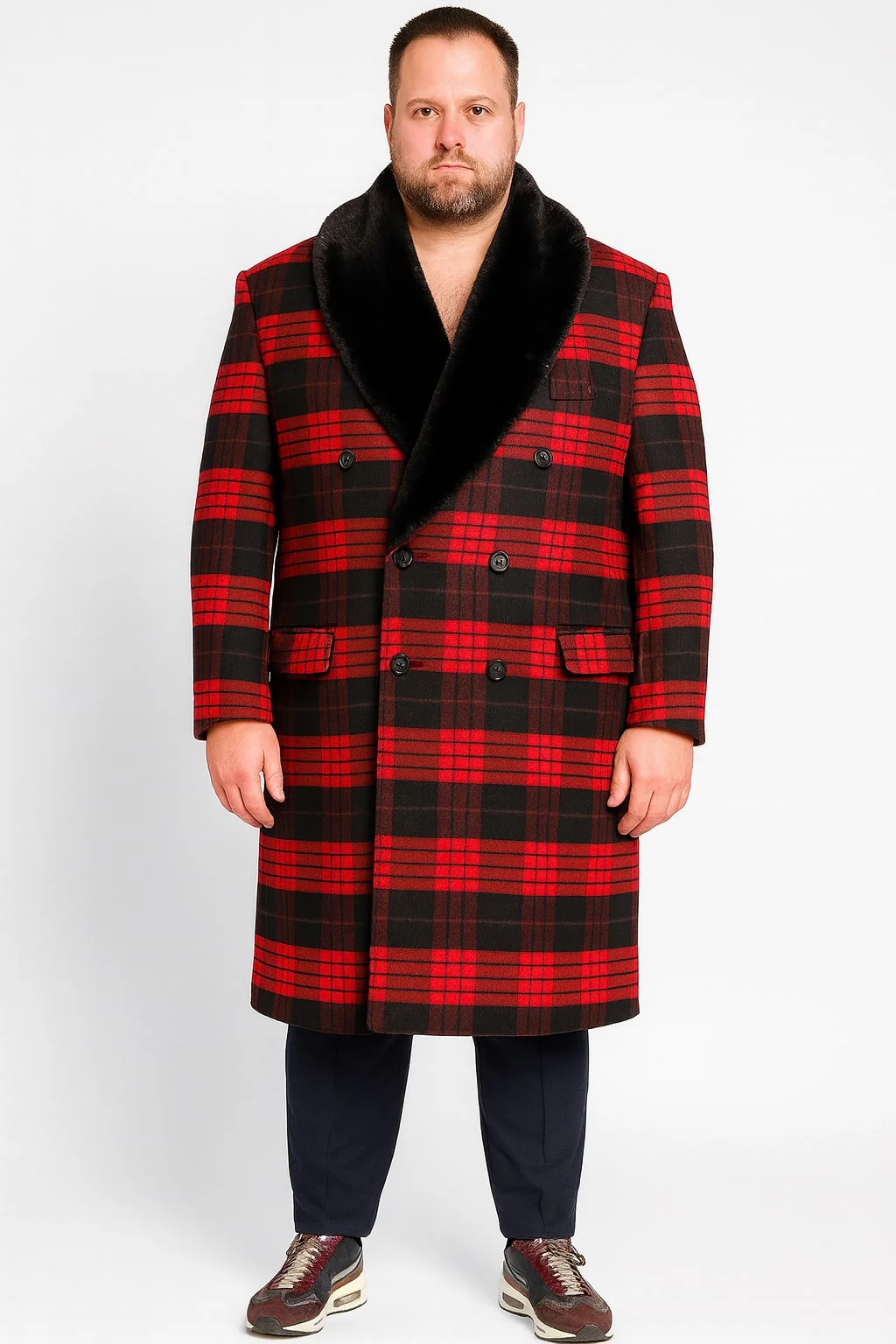 Mens Red and Black Plaid Wool Overcoat with Black Faux Fur Shawl Collar – Double-Breasted Winter Coat - Tartan Design - Image 5