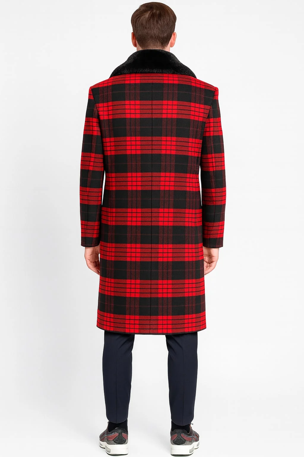 Mens Red and Black Plaid Wool Overcoat with Black Faux Fur Shawl Collar – Double-Breasted Winter Coat - Tartan Designs - Image 2