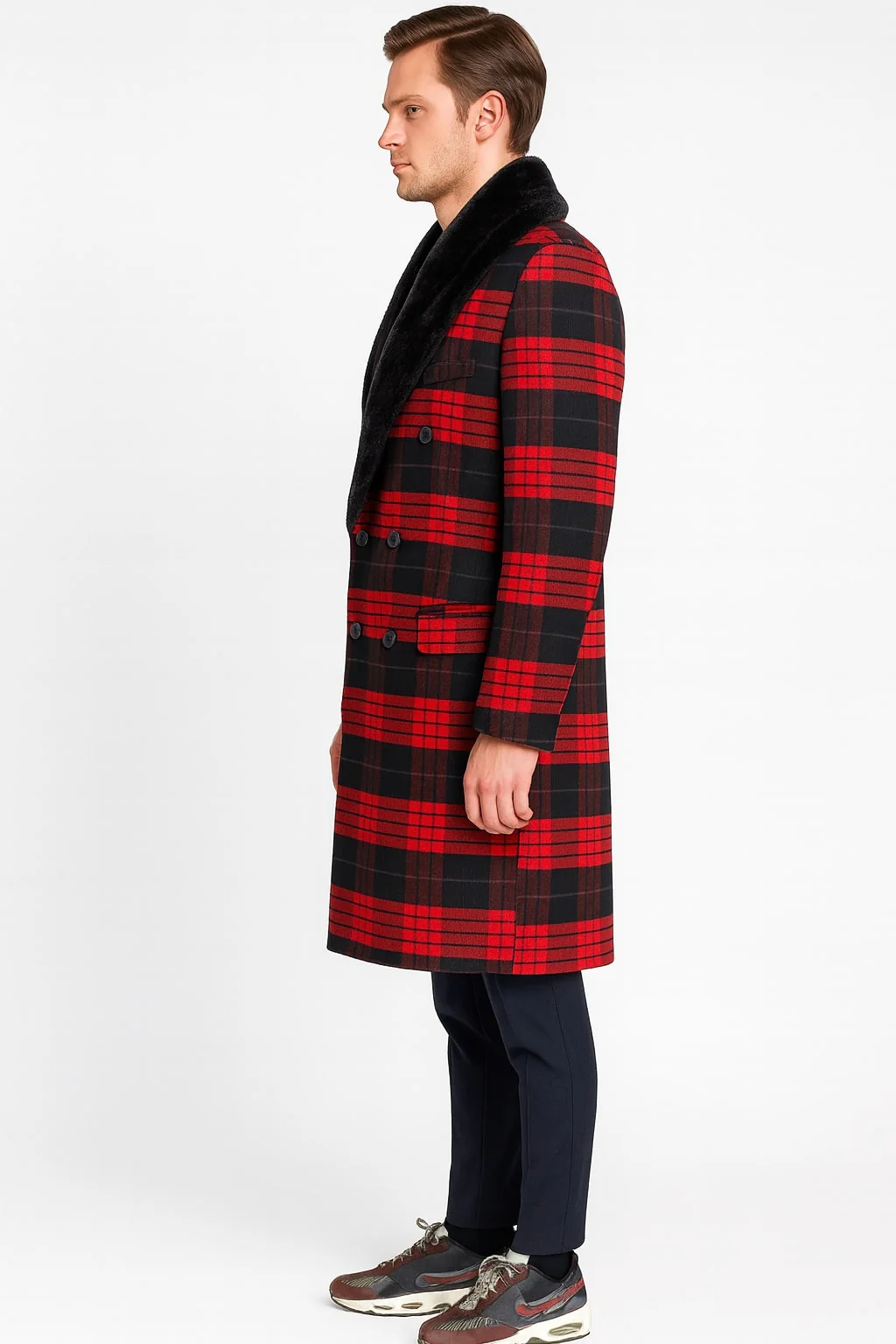 Mens Red and Black Plaid Wool Overcoat with Black Faux Fur Shawl Collar – Double-Breasted Winter Coat - Tartan Designs - Image 3