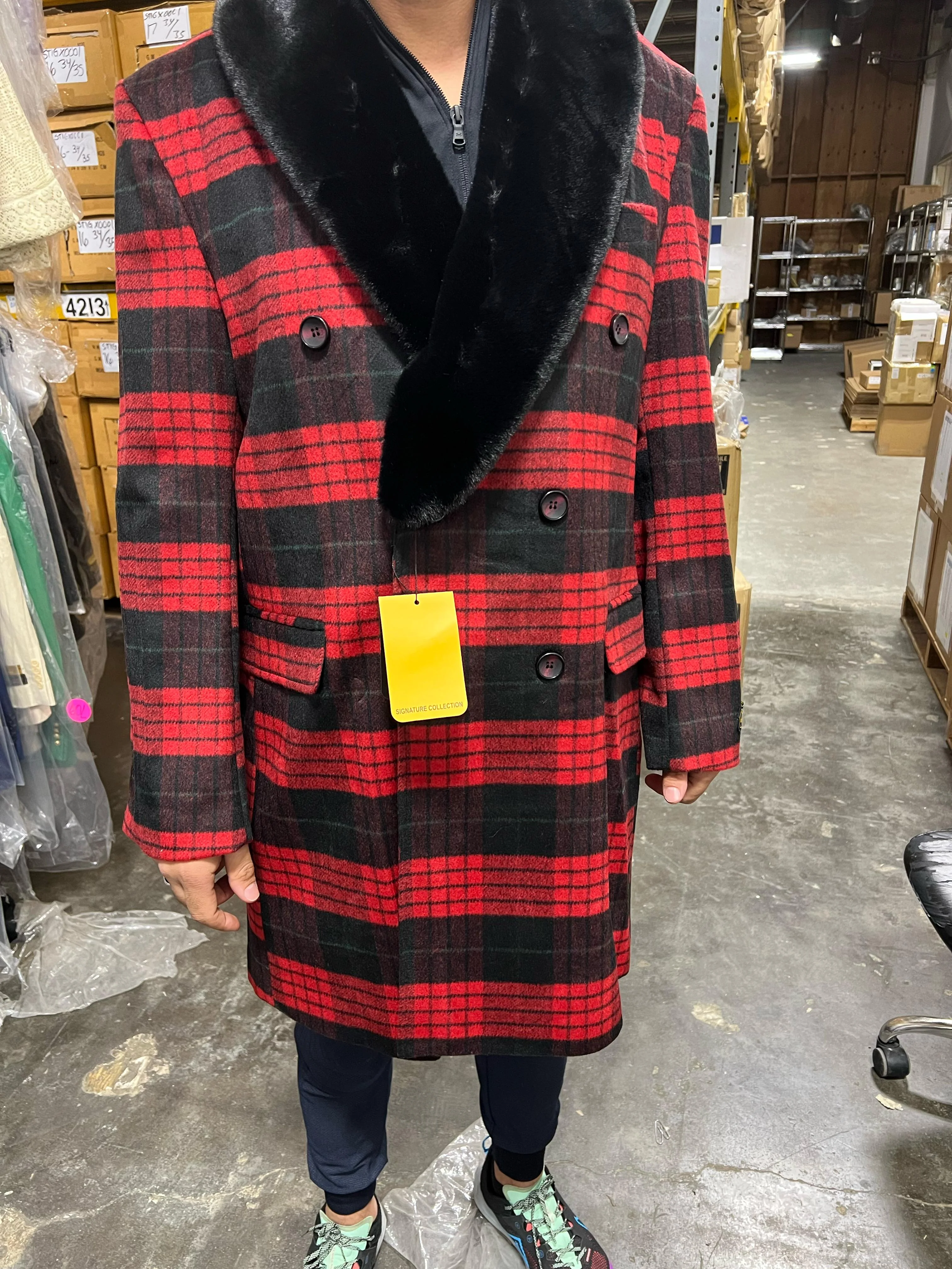 Mens Red and Black Plaid Wool Overcoat with Black Faux Fur Shawl Collar – Double-Breasted Winter Coat - Tartan Designs - Image 6