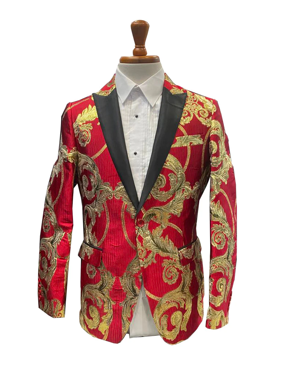 Mens Red and Gold Embroidered Tuxedo Blazer – Baroque Style One Button Dinner Jacket with Black Satin Lapel - Image 3