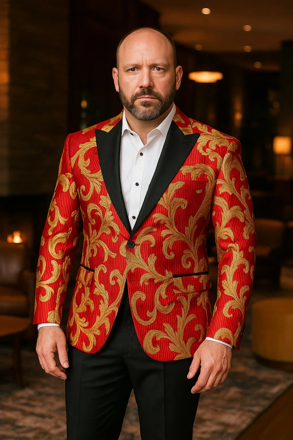 Mens Red and Gold Embroidered Tuxedo Blazer – Baroque Style One Button Dinner Jacket with Black Satin Lapel - Image 4