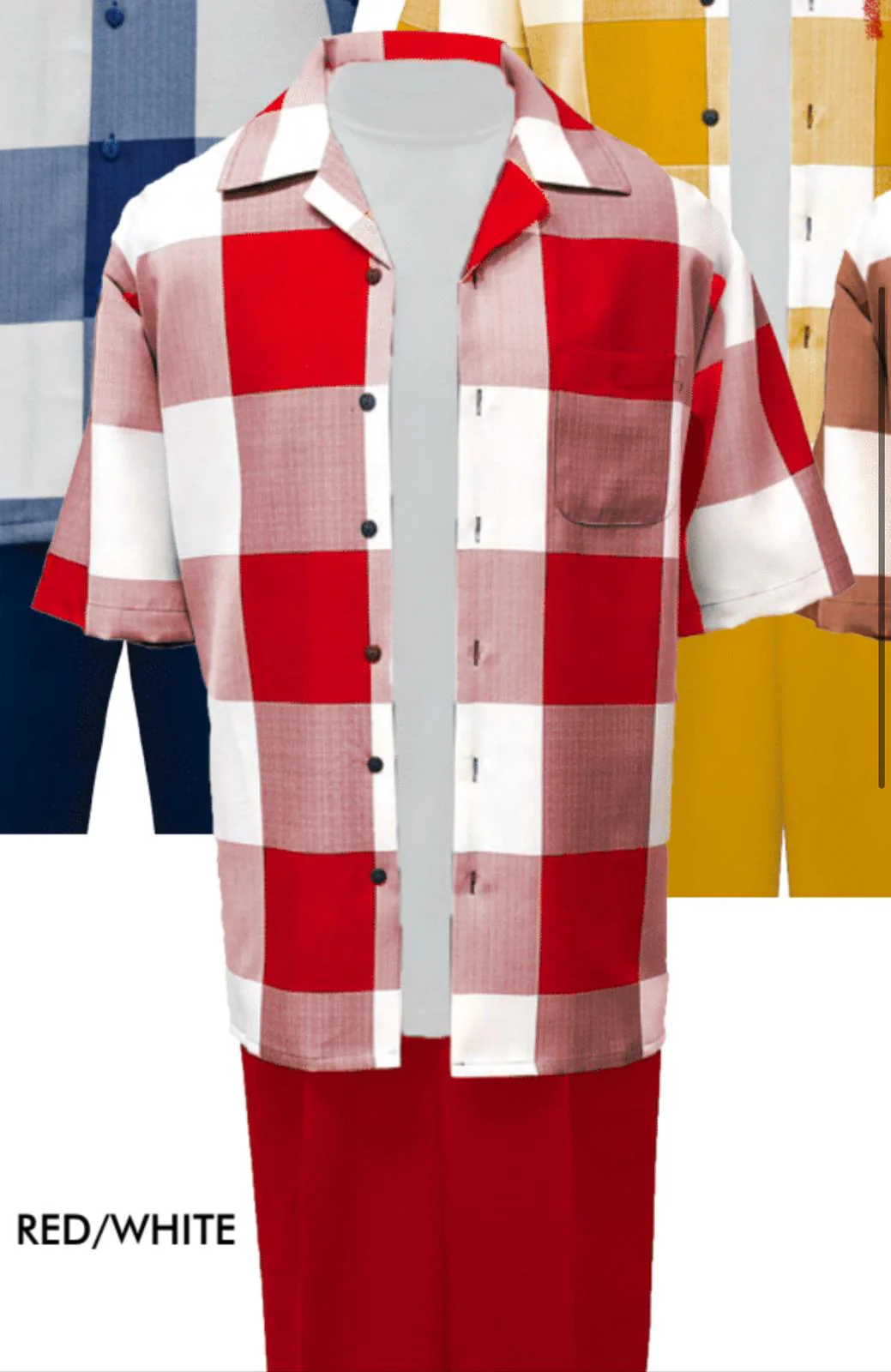 Mens Red and White Checkered Short Sleeve Shirt Set – Casual Two-Piece Summer Outfit - Image 6