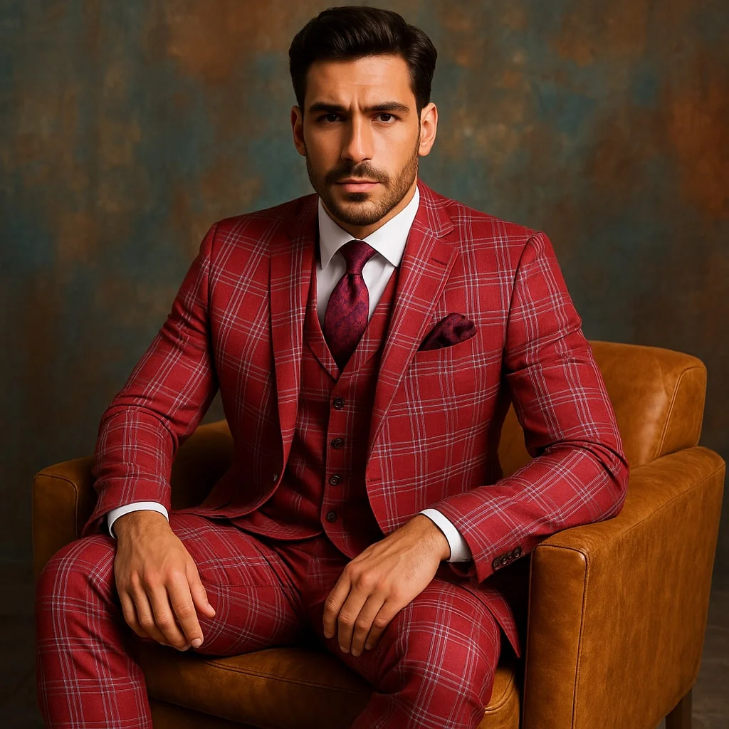Mens Red and White Tartan Suit - Christmas New Year Holiday Suit Party Dance Events - Image 3