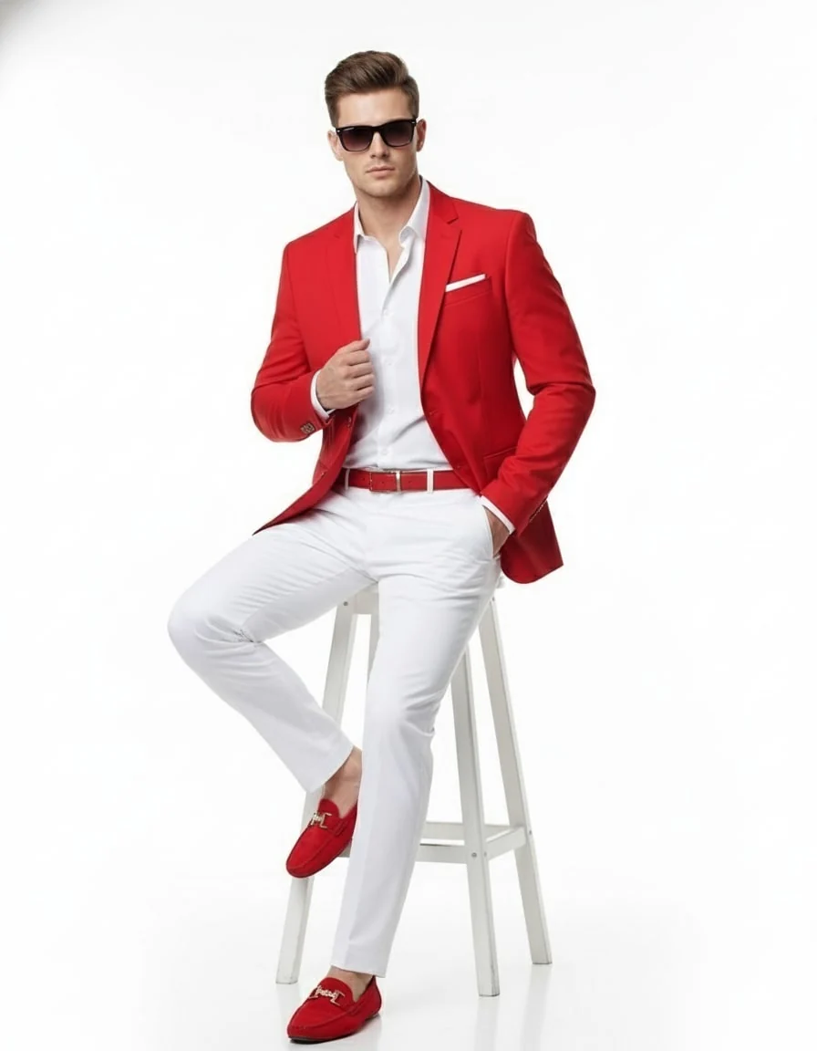 Mens Red Blazer and White Pants Set – Stylish Casual Dress Outfit For New Year Holiday and Christmas Suit - Image 4