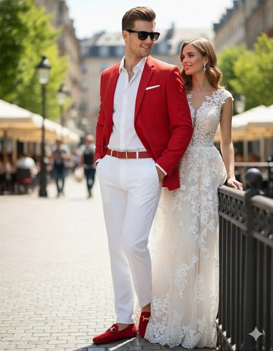 Mens Red Blazer and White Pants Set – Stylish Casual Dress Outfit For New Year Holiday and Christmas Suit - Image 6