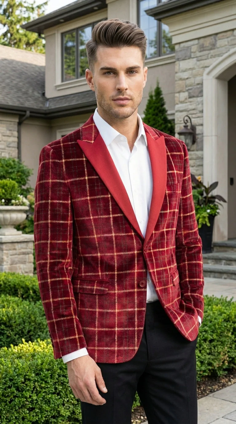Mens Red Burgundy Plaid Blazer with Contrast Lapel – Velvet Fabric Check Prom Blazer Jacket for Party, Christmas New Year Holiday Jacket - Image 10