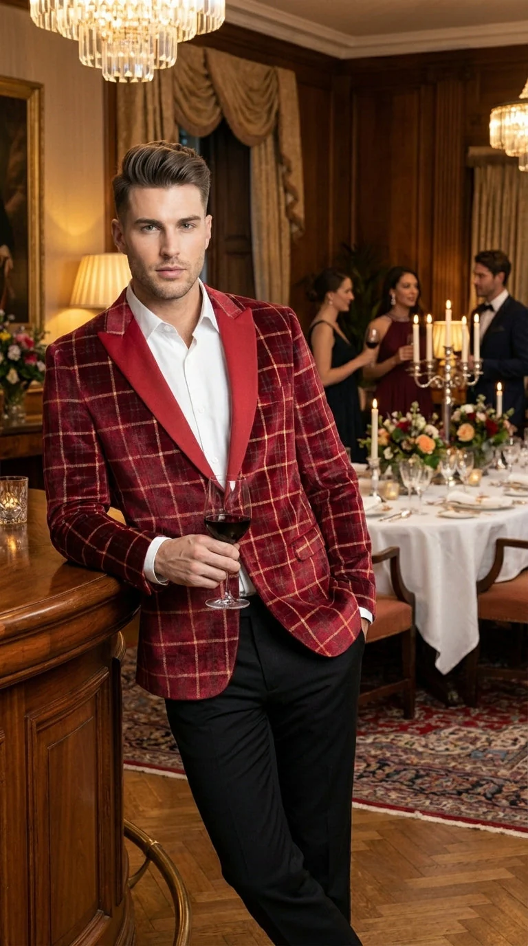 Mens Red Burgundy Plaid Blazer with Contrast Lapel – Velvet Fabric Check Prom Blazer Jacket for Party, Christmas New Year Holiday Jacket - Image 12