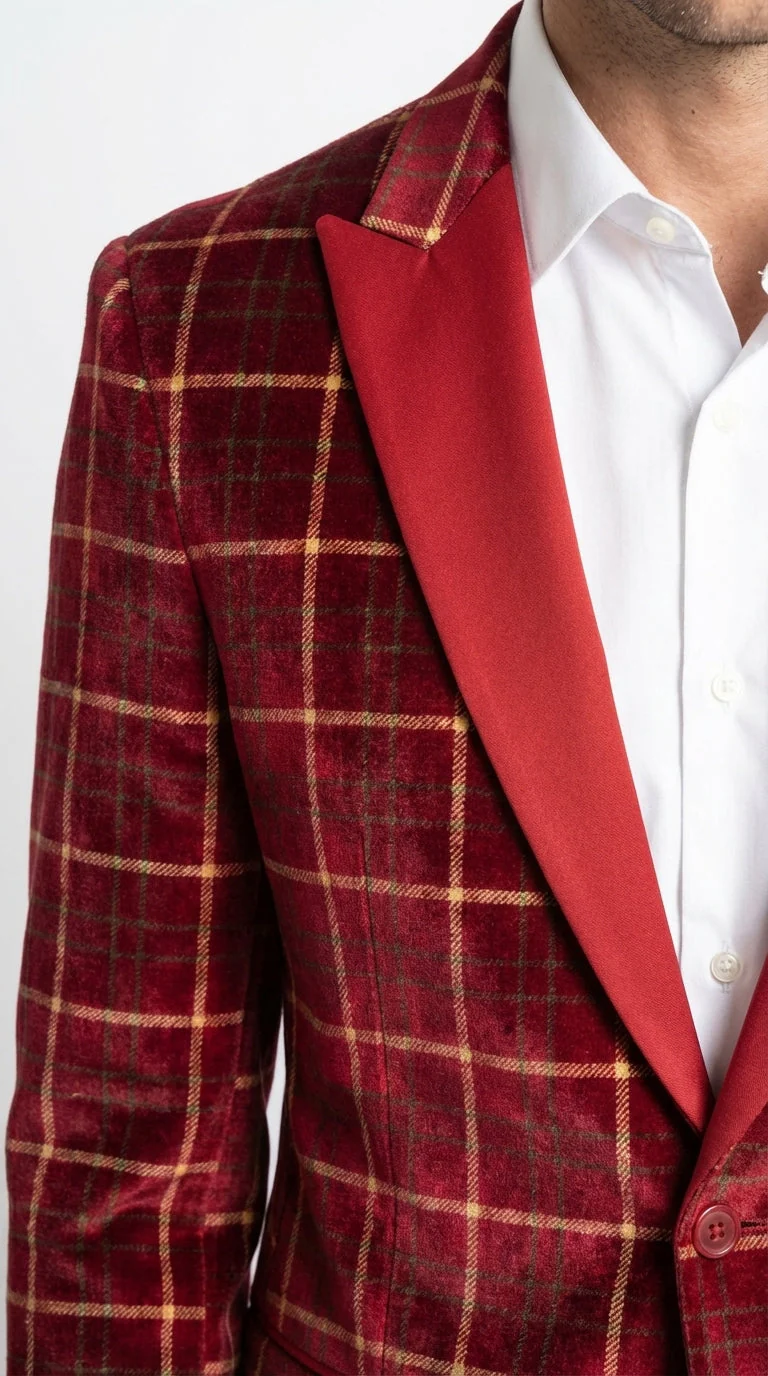 Mens Red Burgundy Plaid Blazer with Contrast Lapel – Velvet Fabric Check Prom Blazer Jacket for Party, Christmas New Year Holiday Jacket - Image 13