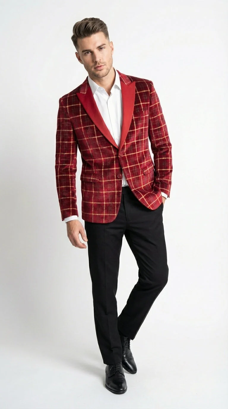 Mens Red Burgundy Plaid Blazer with Contrast Lapel – Velvet Fabric Check Prom Blazer Jacket for Party, Christmas New Year Holiday Jacket - Image 3
