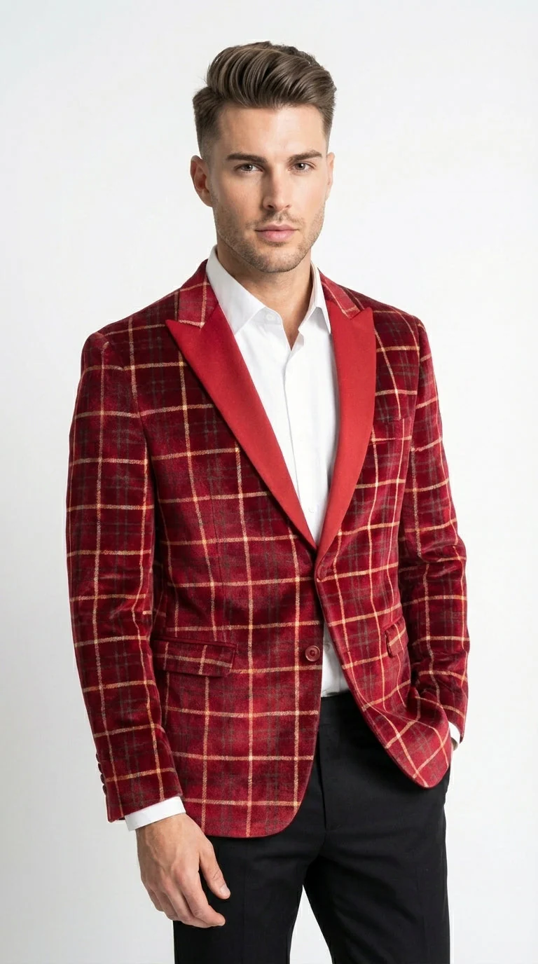 Mens Red Burgundy Plaid Blazer with Contrast Lapel – Velvet Fabric Check Prom Blazer Jacket for Party, Christmas New Year Holiday Jacket - Image 4