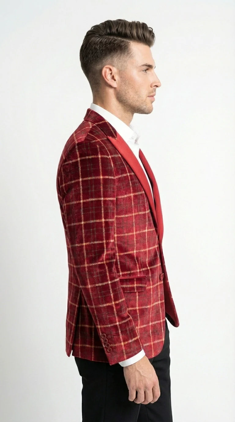 Mens Red Burgundy Plaid Blazer with Contrast Lapel – Velvet Fabric Check Prom Blazer Jacket for Party, Christmas New Year Holiday Jacket - Image 5