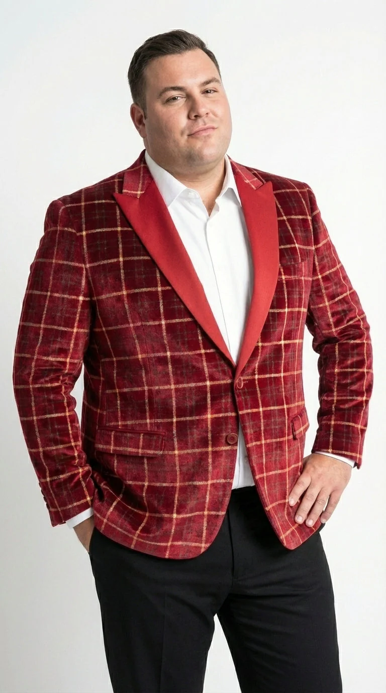 Mens Red Burgundy Plaid Blazer with Contrast Lapel – Velvet Fabric Check Prom Blazer Jacket for Party, Christmas New Year Holiday Jacket - Image 6