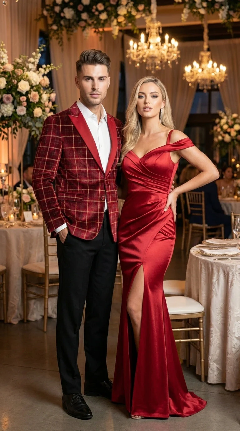 Mens Red Burgundy Plaid Blazer with Contrast Lapel – Velvet Fabric Check Prom Blazer Jacket for Party, Christmas New Year Holiday Jacket - Image 7