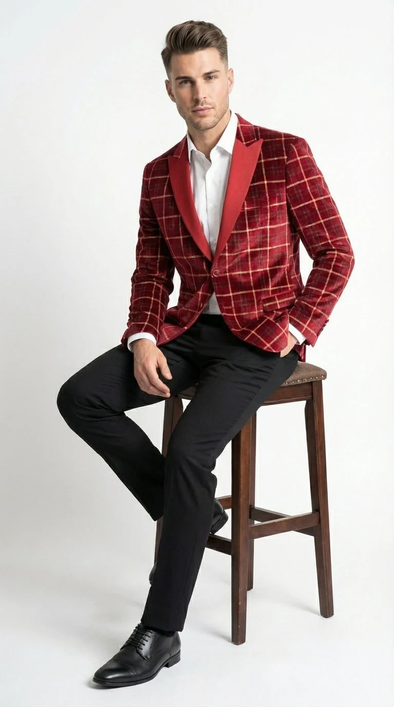 Mens Red Burgundy Plaid Blazer with Contrast Lapel – Velvet Fabric Check Prom Blazer Jacket for Party, Christmas New Year Holiday Jacket - Image 8