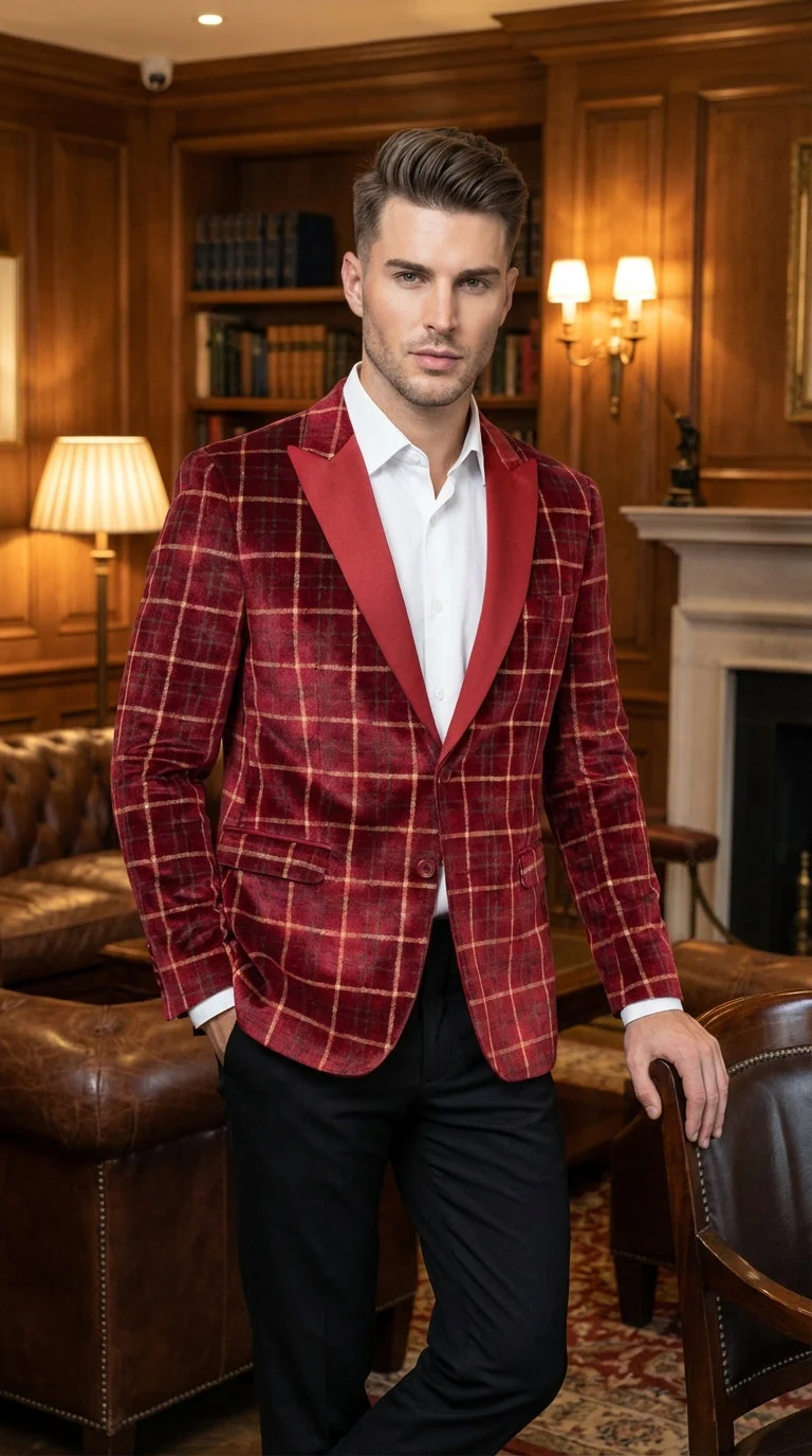 Mens Red Burgundy Plaid Blazer with Contrast Lapel – Velvet Fabric Check Prom Blazer Jacket for Party, Christmas New Year Holiday Jacket - Image 9