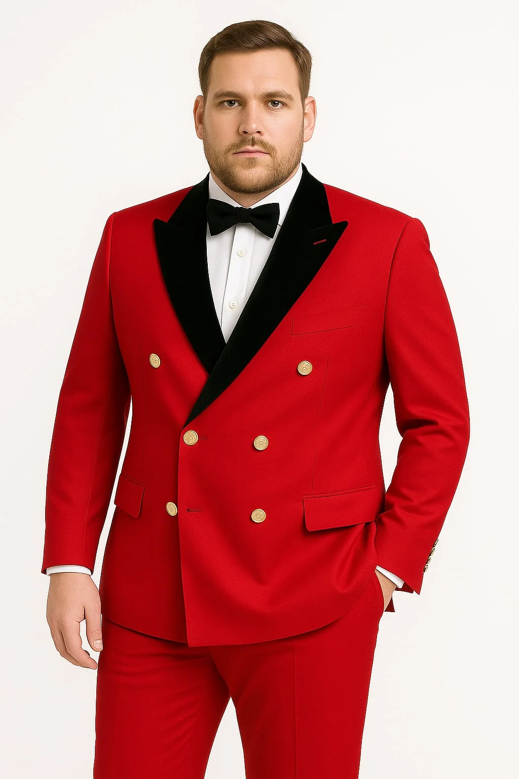 Men's Red Double-Breasted Wedding Tuxedo with Black Velvet Lapel and Gold Buttons - Christmas New Year Suit - Image 3
