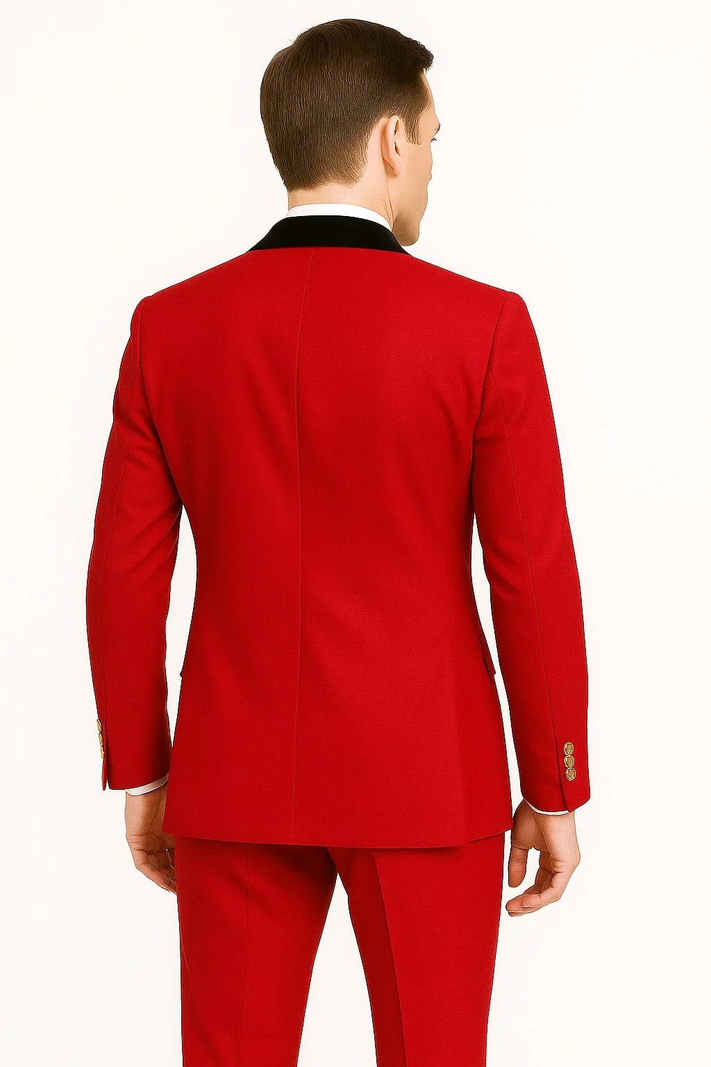 Men's Red Double-Breasted Wedding Tuxedo with Black Velvet Lapel and Gold Buttons - Christmas New Year Suit - Image 4