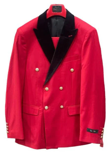 Men's Red Double-Breasted Wedding Tuxedo with Black Velvet Lapel and Gold Buttons - Christmas New Year Suit - Image 5