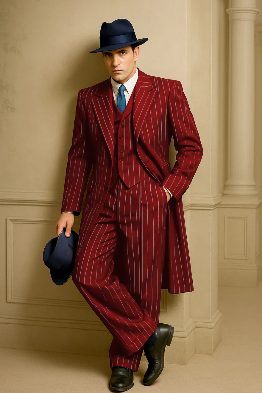 Mens Red Pinstripe Suit – Classic Long Coat Style with White Stripes - Image 2