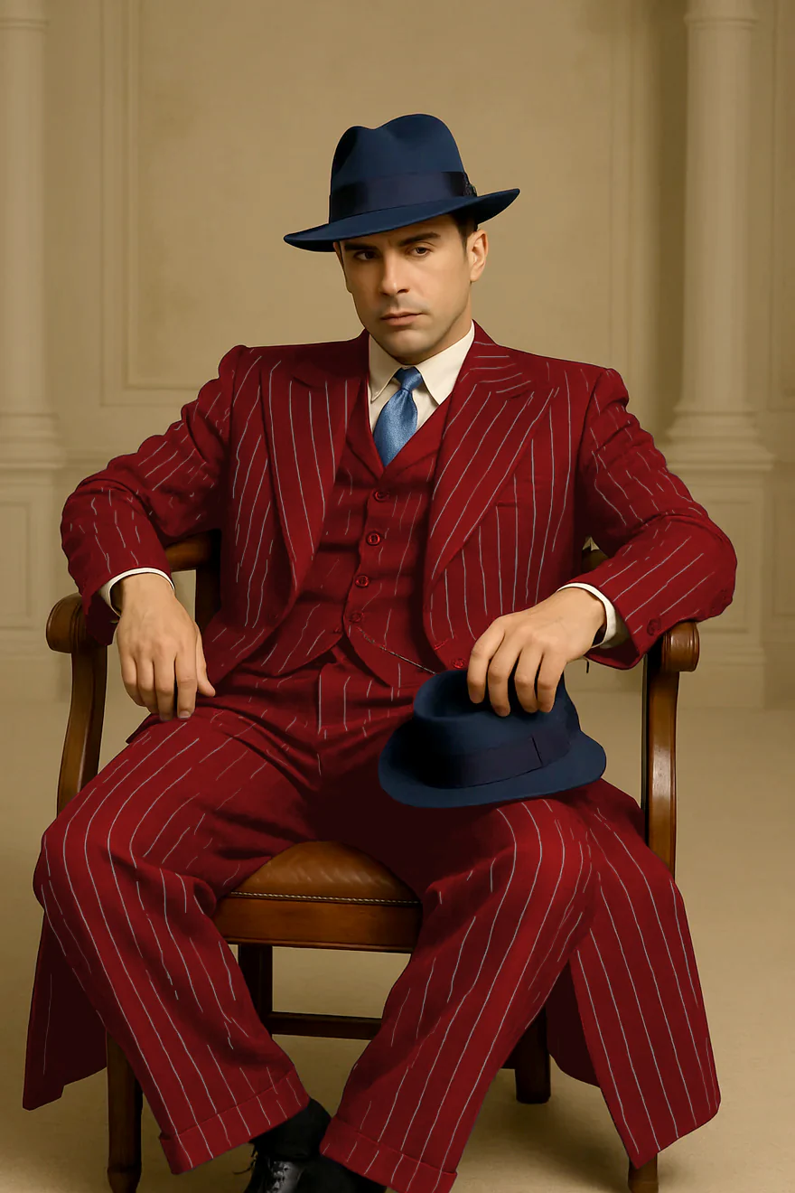 Mens Red Pinstripe Suit – Classic Long Coat Style with White Stripes - Image 3