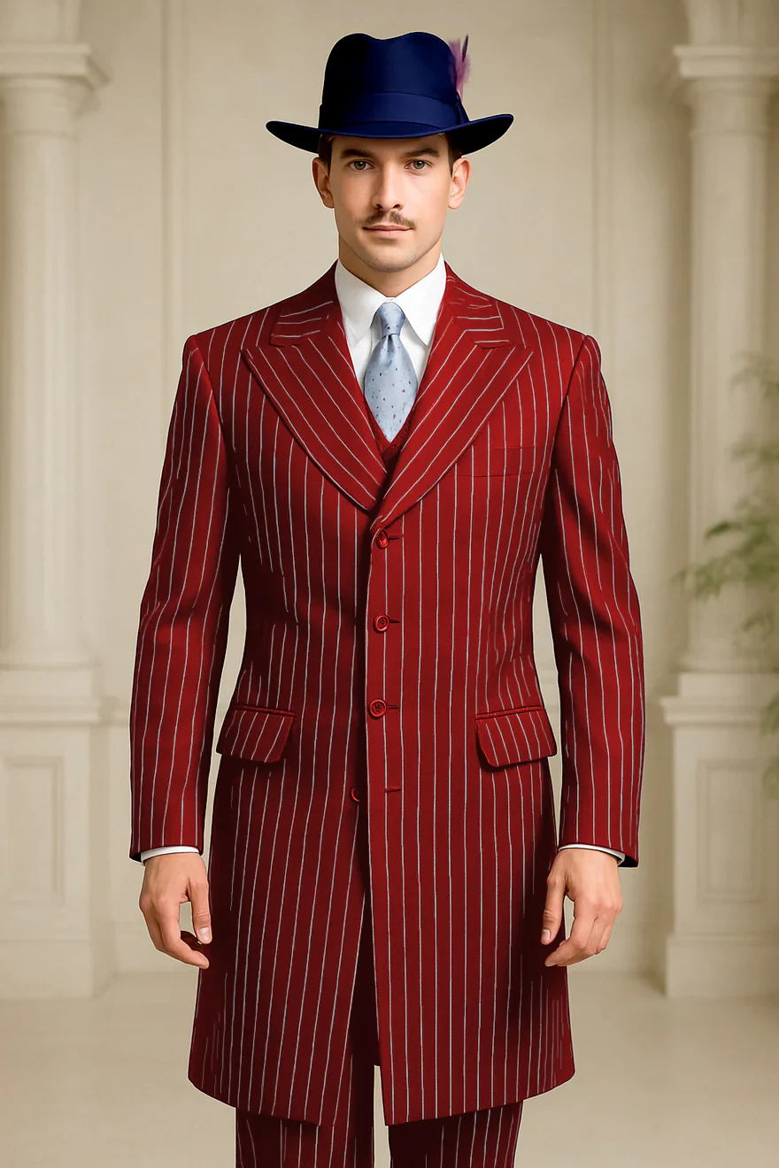 Mens Red Pinstripe Suit – Classic Long Coat Style with White Stripes - Image 4