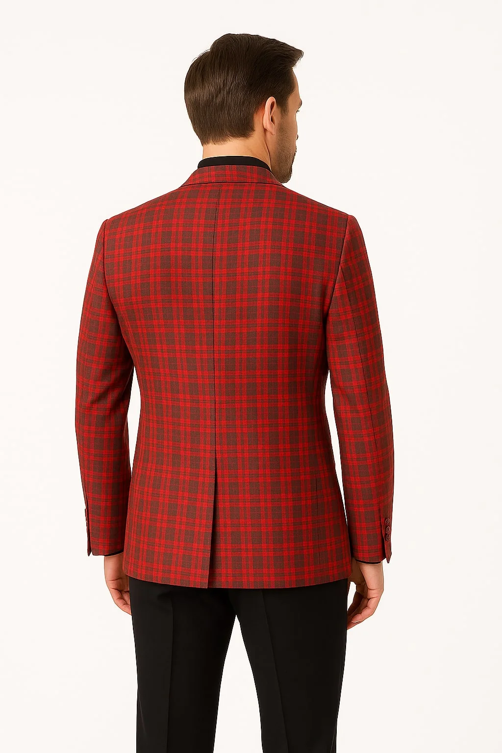 Mens Red Plaid Modern Fit Windowpane Check Blazer - Christmas Holiday Sport Coat Tartan Look - Image 3