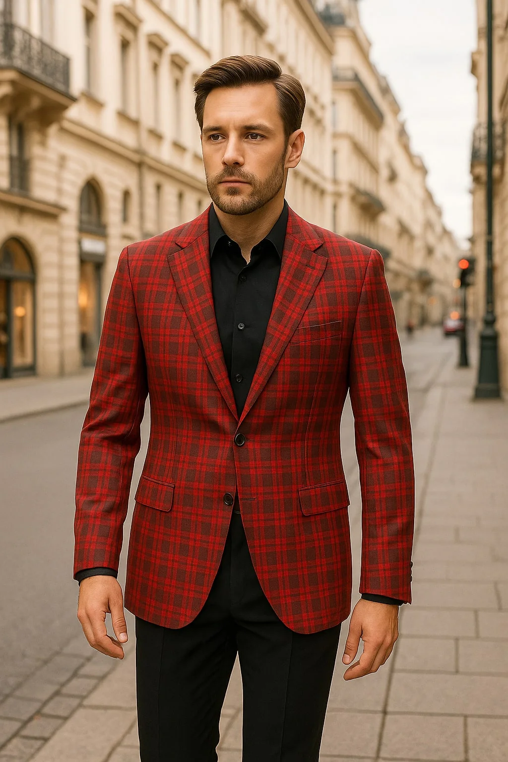 Mens Red Plaid Modern Fit Windowpane Check Blazer - Christmas Holiday Sport Coat Tartan Look - Image 5