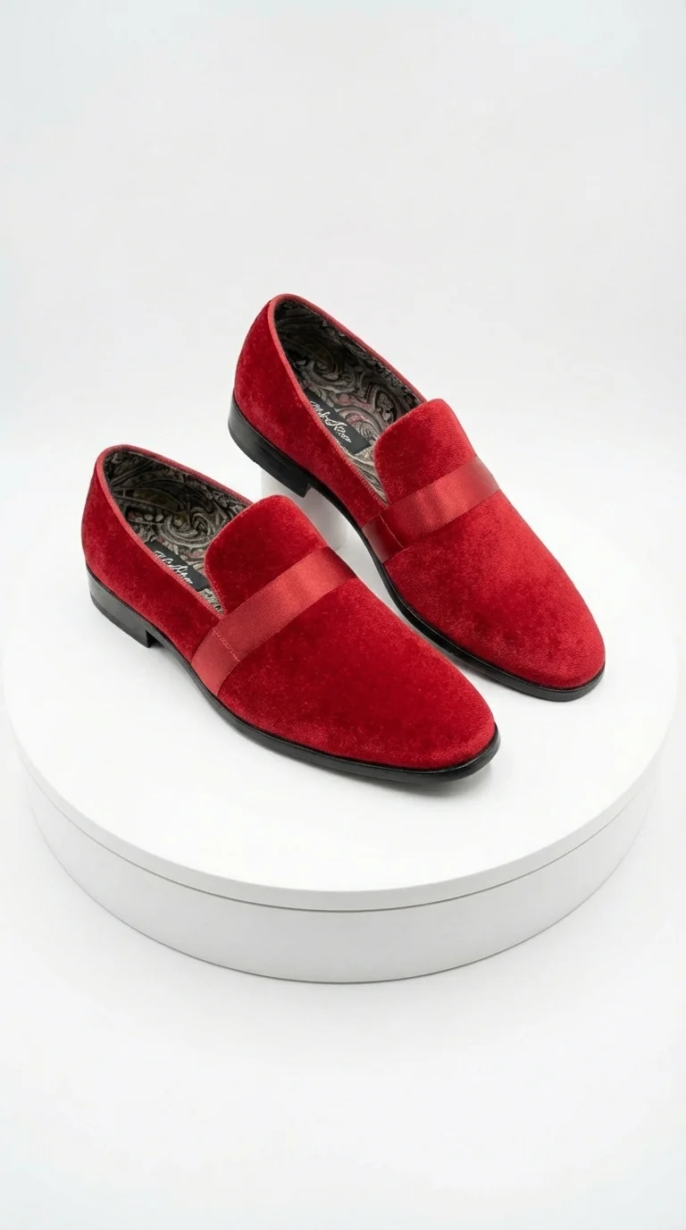 Mens Red Velvet Loafers – Luxury Formal Slip On Dress Shoes Wedding Party Prom Evening Shoes - Image 2