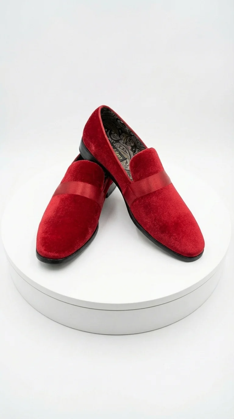 Mens Red Velvet Loafers – Luxury Formal Slip On Dress Shoes Wedding Party Prom Evening Shoes - Image 3