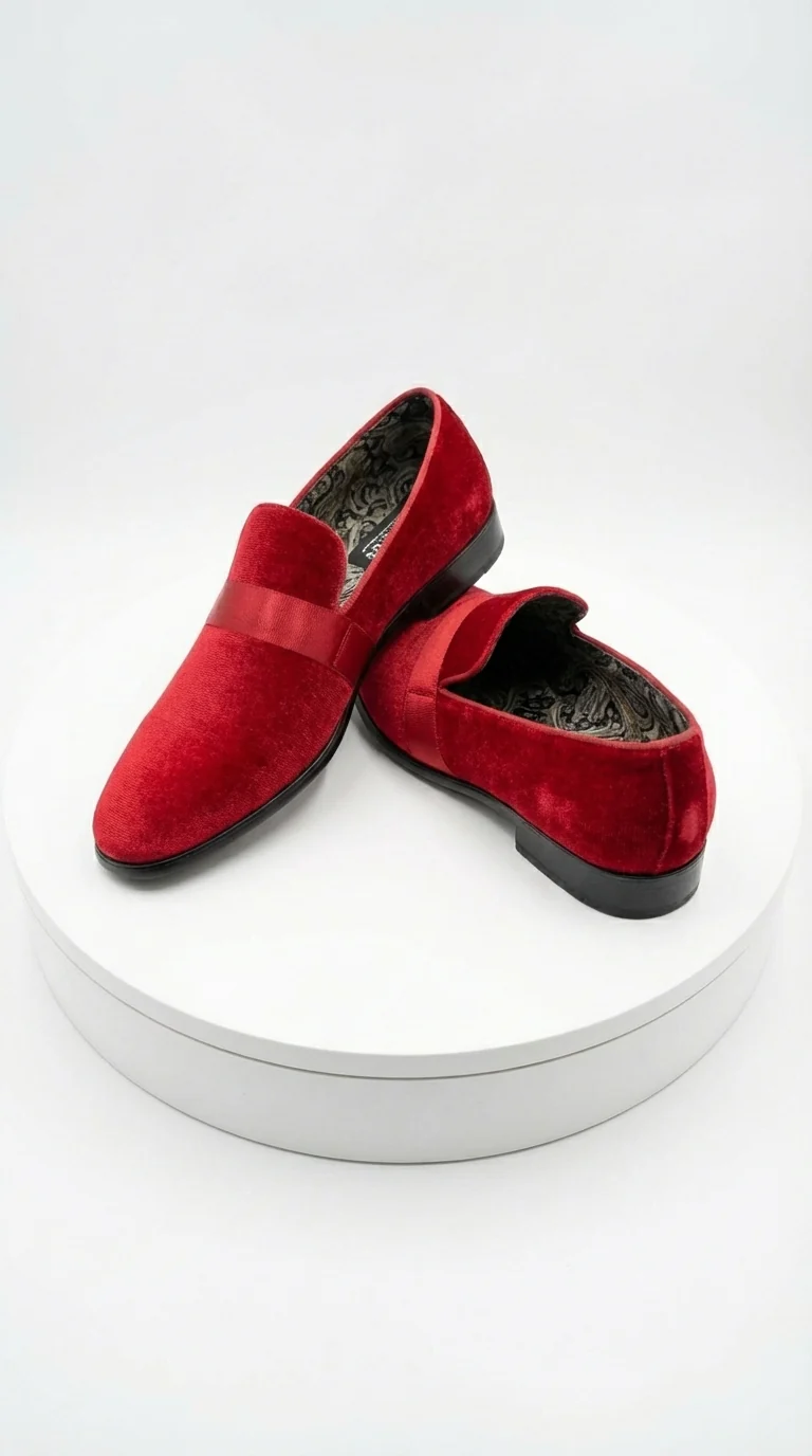 Mens Red Velvet Loafers – Luxury Formal Slip On Dress Shoes Wedding Party Prom Evening Shoes - Image 5