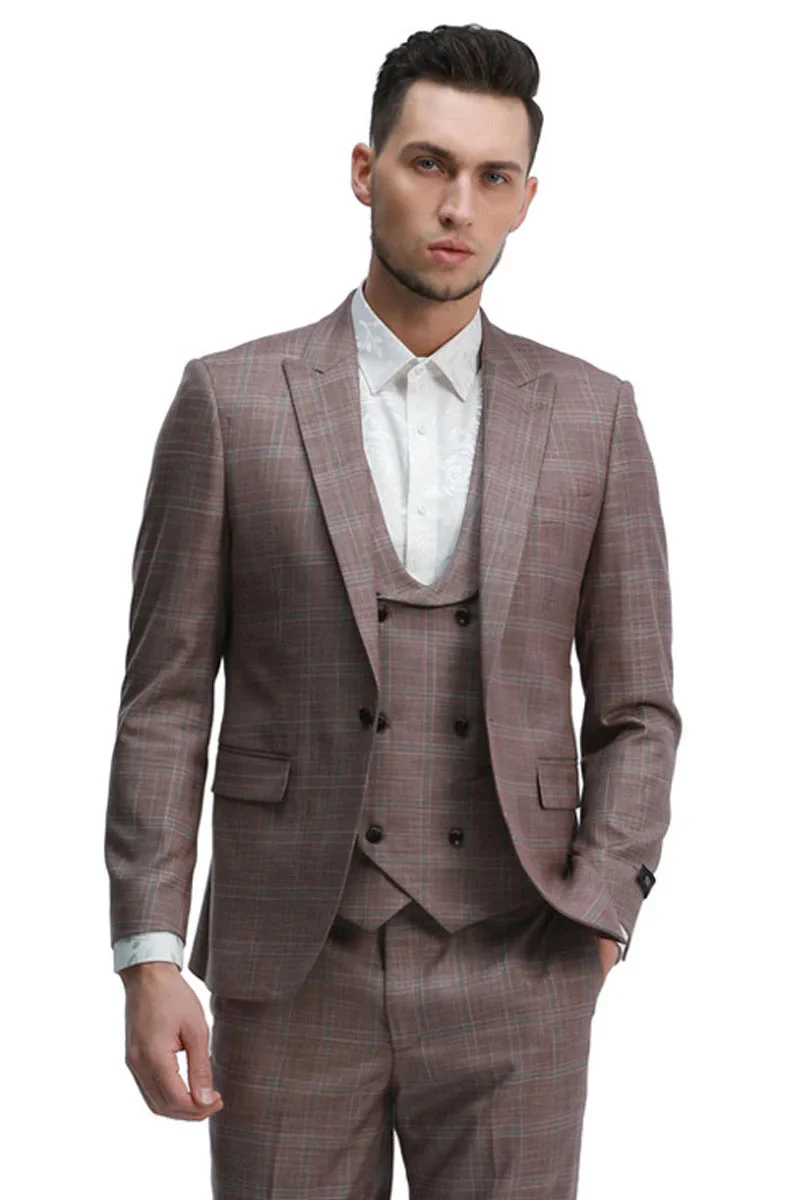 Mens Rose Blue Tuxedo - Men's One Button Slim Fit Double Breasted Vest Rose Pink Plaid Suit - Image 2